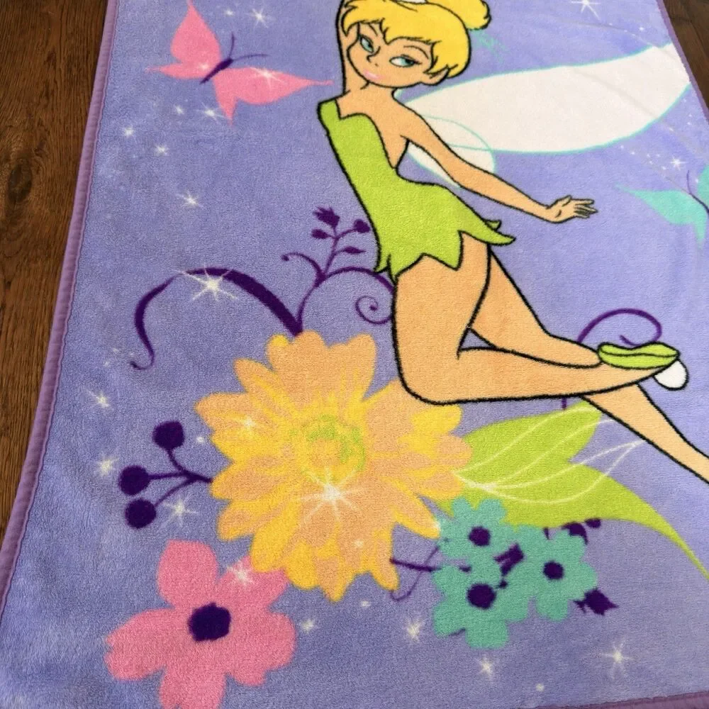 Disney Tinkerbell Fairy Purple Fleece Throw Blanket Butterfly Wand Floral Y2K